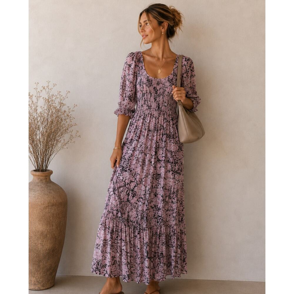 Something Navy Pink Purple Floral Smocked Maxi Dress Womens XL Boho Casual